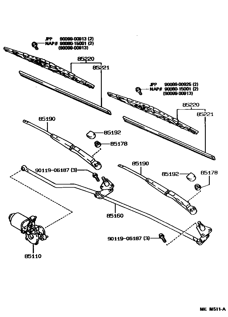 Toyota COROLLA 挡风玻璃刮水器 EPC diagram — MEM511A