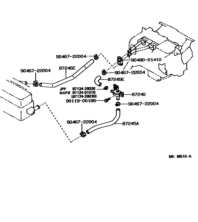 Toyota COROLLA 暖风和空调系统 - 水管 EPC diagram — MEM518A