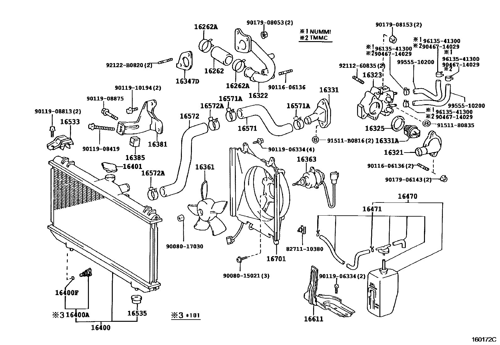 Toyota COROLLA RADIATOR & WATER OUTLET EPC diagram — 160172C