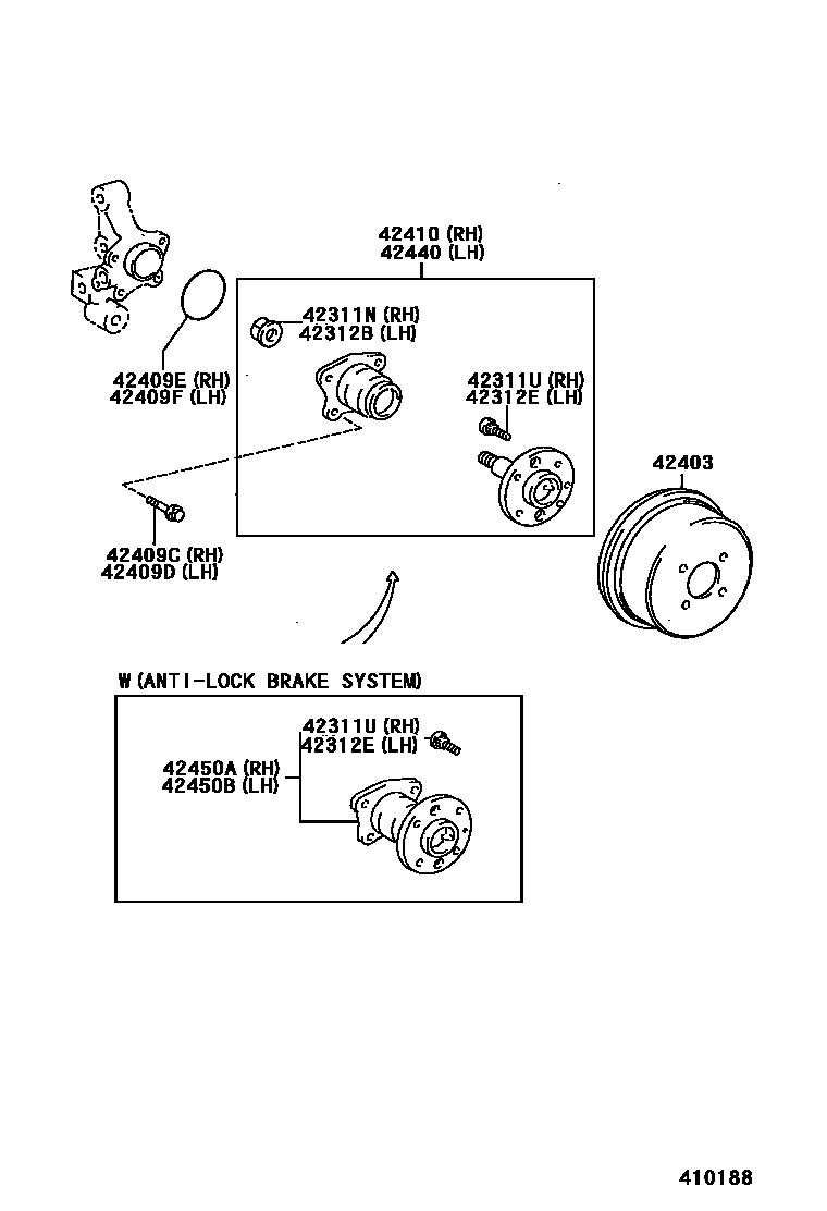 Toyota COROLLA 后桥半轴和后桥轮毂 EPC diagram — 410188