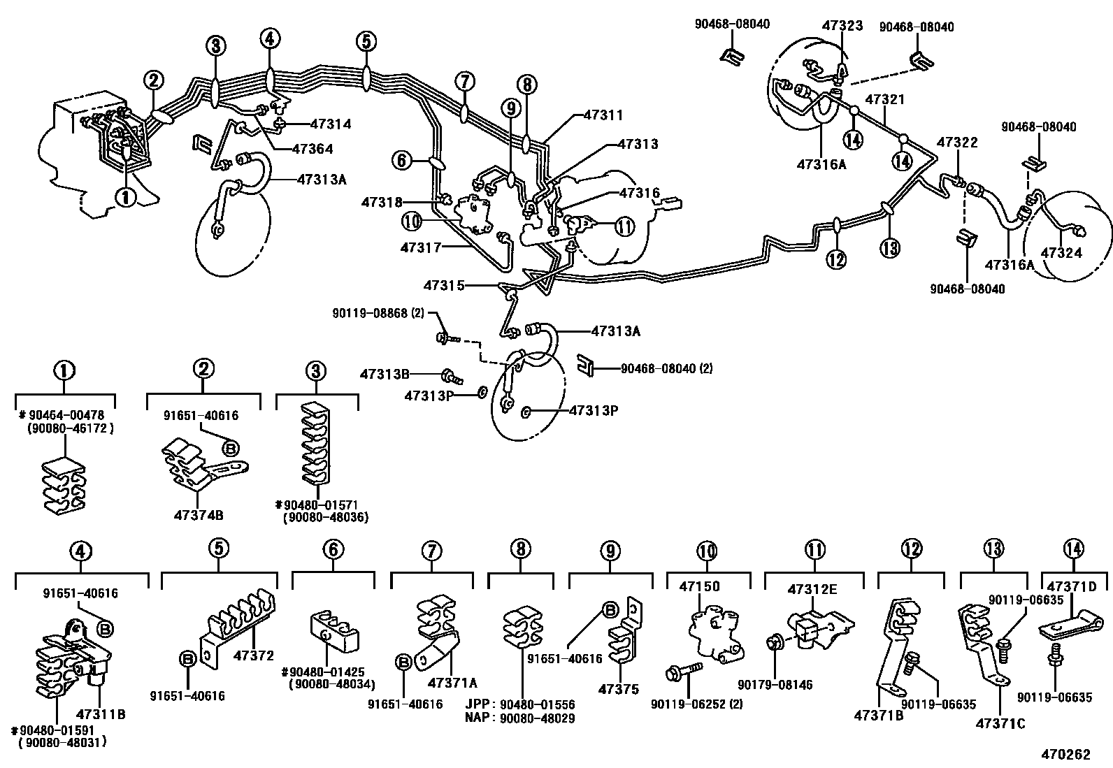 Toyota COROLLA 制动配管和卡箍 EPC diagram — 470262