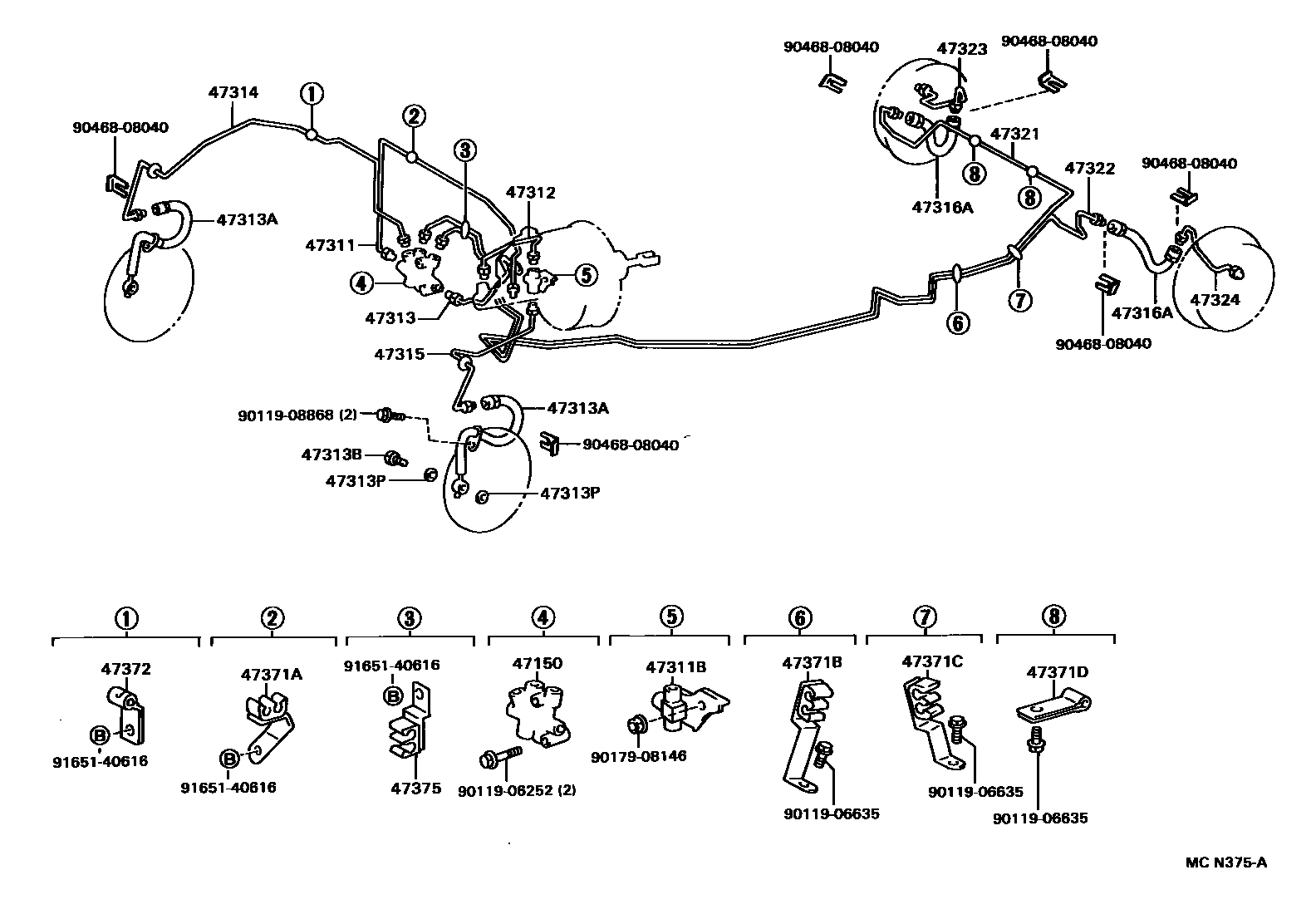 Toyota COROLLA 制动配管和卡箍 EPC diagram — MCN375A