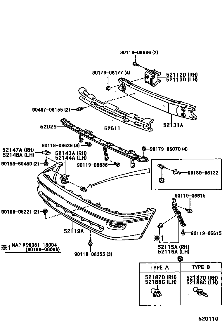 Toyota COROLLA 前保险杠及附件 EPC diagram — 520110