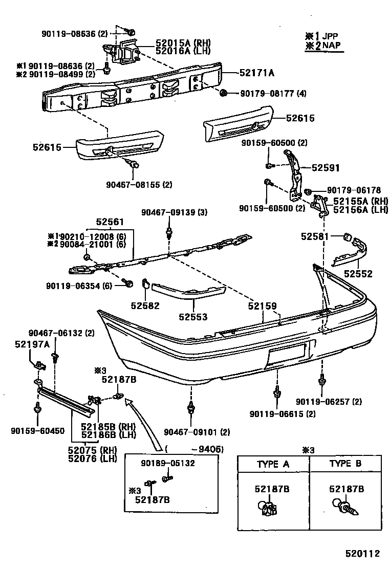 Toyota COROLLA 后保险杠及附件 EPC diagram — 520112