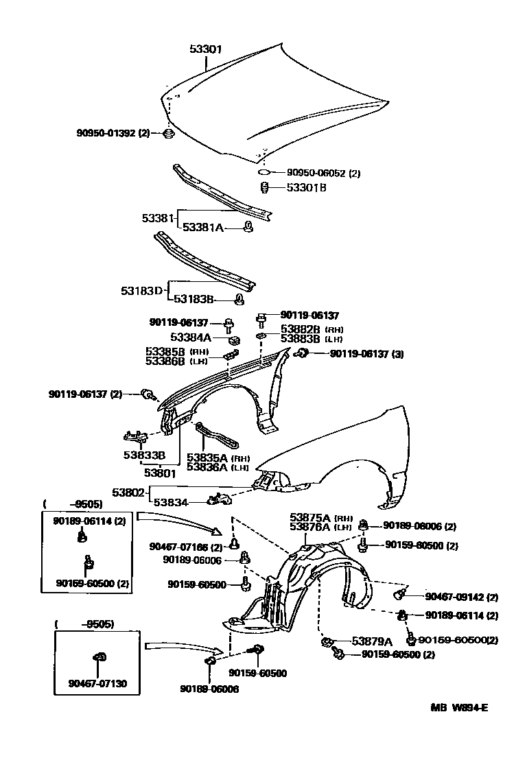 Toyota COROLLA 发动机盖和前翼子板 EPC diagram — MBW894E
