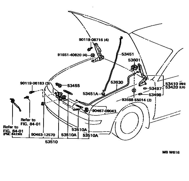 Toyota COROLLA 发动机盖锁和铰链 EPC diagram — MBW616