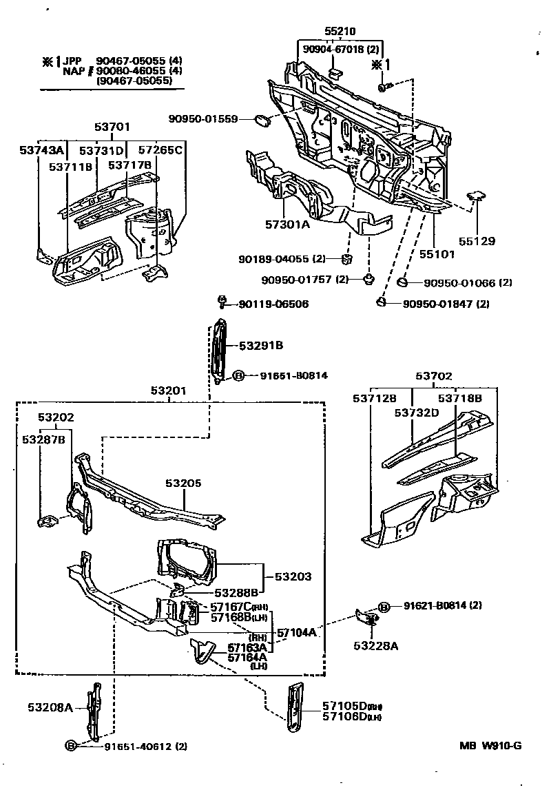 Toyota COROLLA 前翼子板挡泥板和前围板 EPC diagram — MBW910G