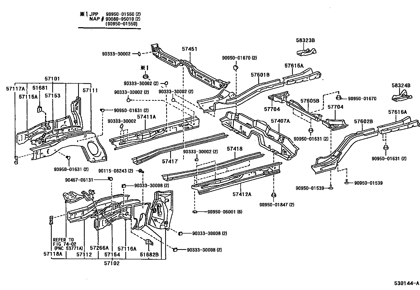 Toyota COROLLA Floor stringers EPC diagram — 530144A