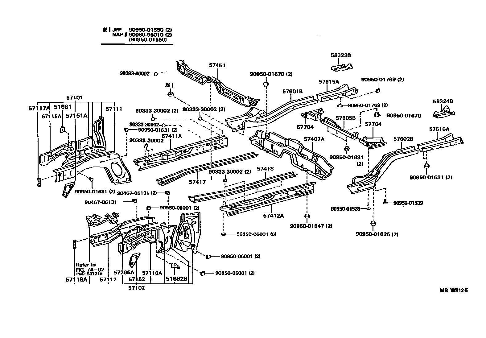 Toyota COROLLA Floor stringers EPC diagram — MBW912E