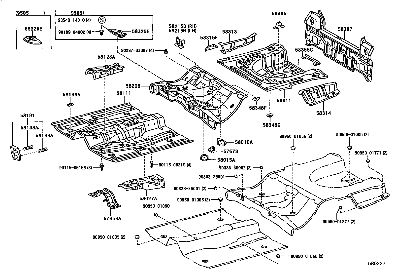Toyota COROLLA 浅盘形地板和车身下背板 EPC diagram — 580227