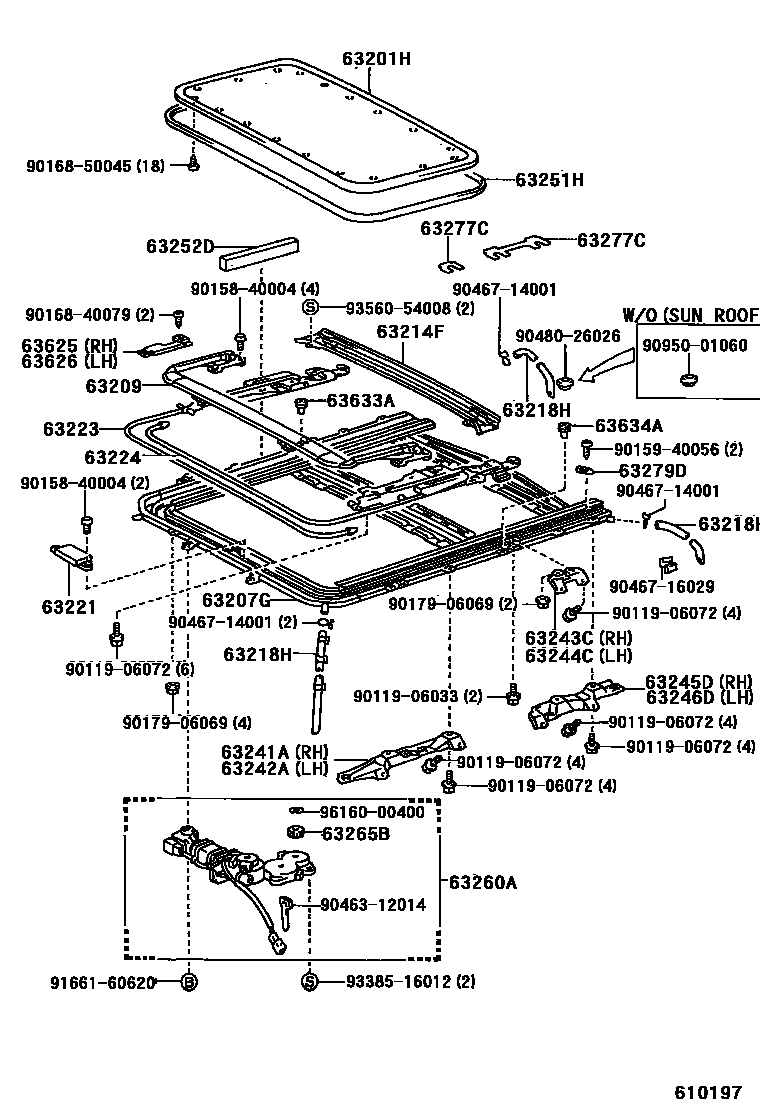 Toyota COROLLA 天窗板和背窗玻璃 EPC diagram — 610197