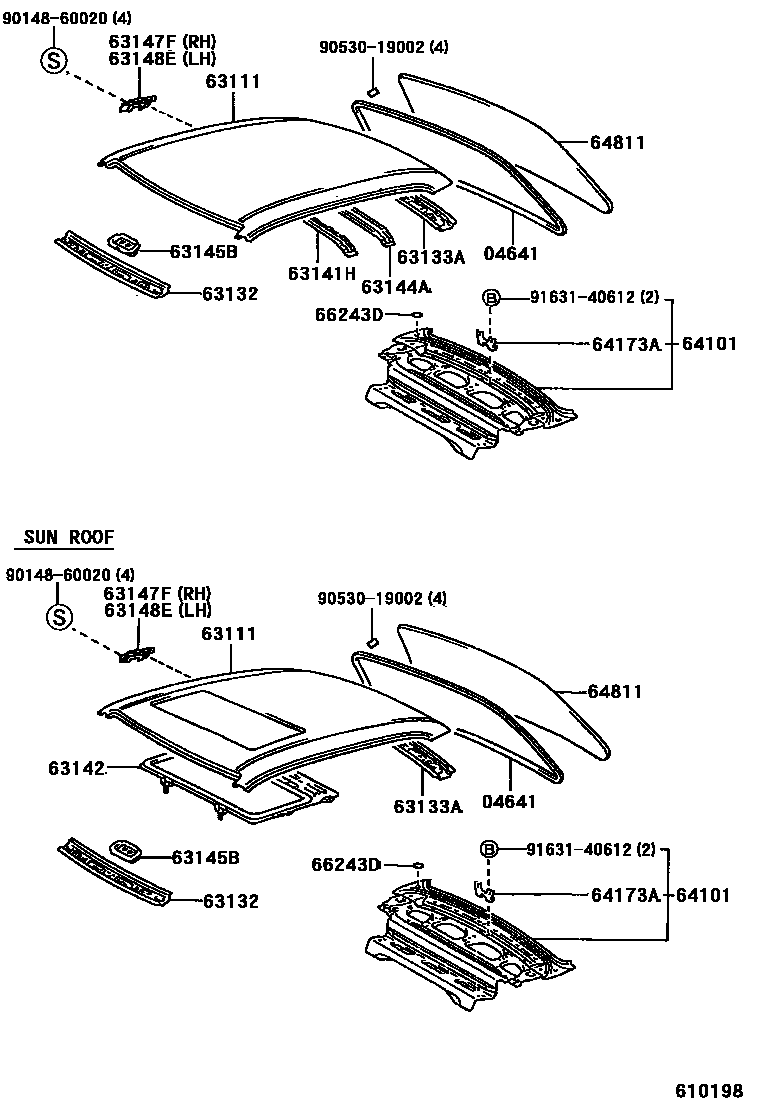 Toyota COROLLA 天窗板和背窗玻璃 EPC diagram — 610198