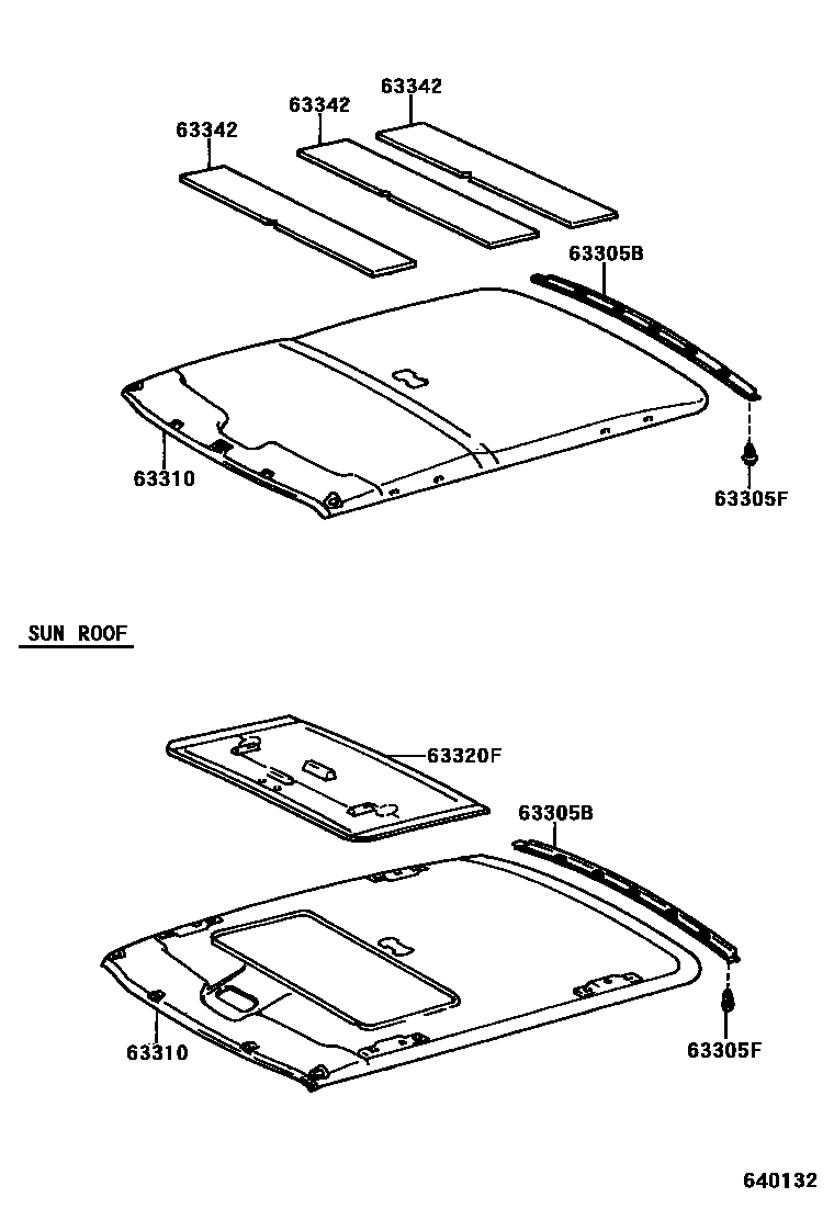 Toyota COROLLA 车顶内衬和消声垫 EPC diagram — 640132