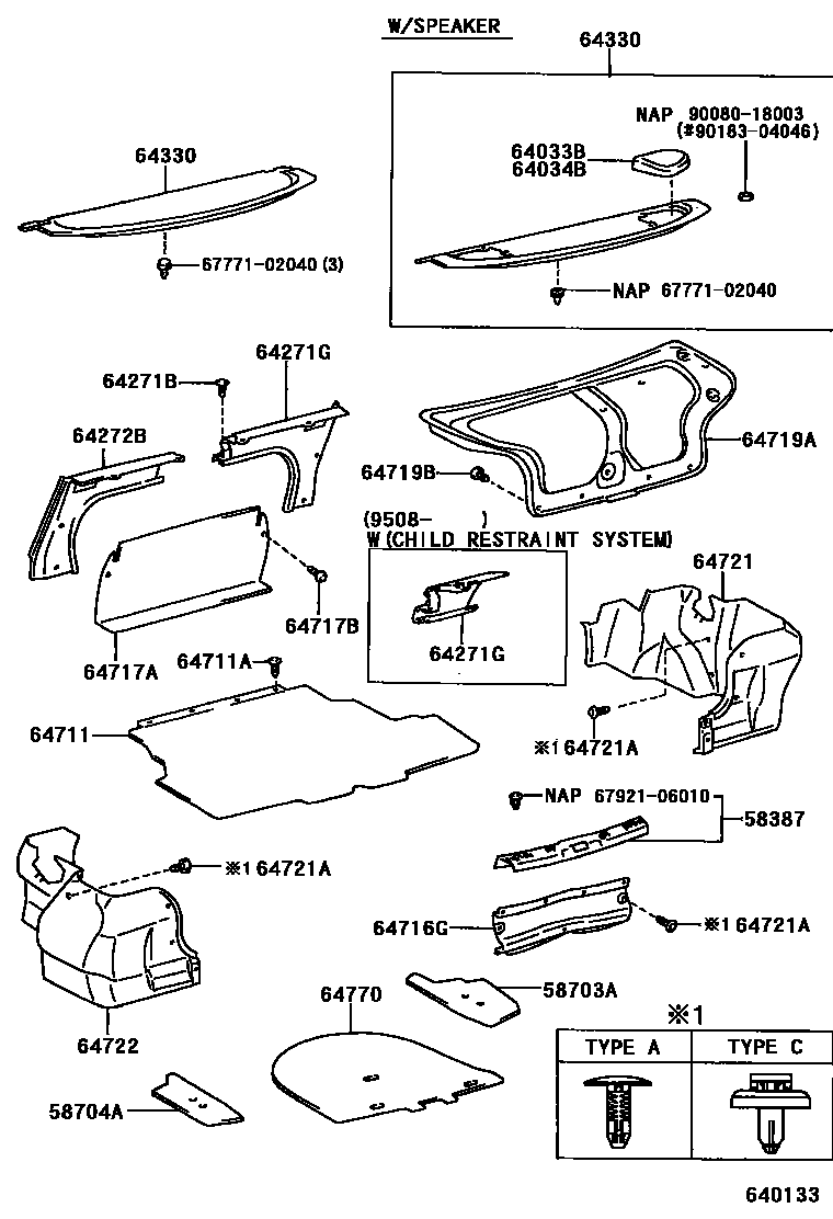 Toyota COROLLA 杂物箱板和行李箱垫 EPC diagram — 640133