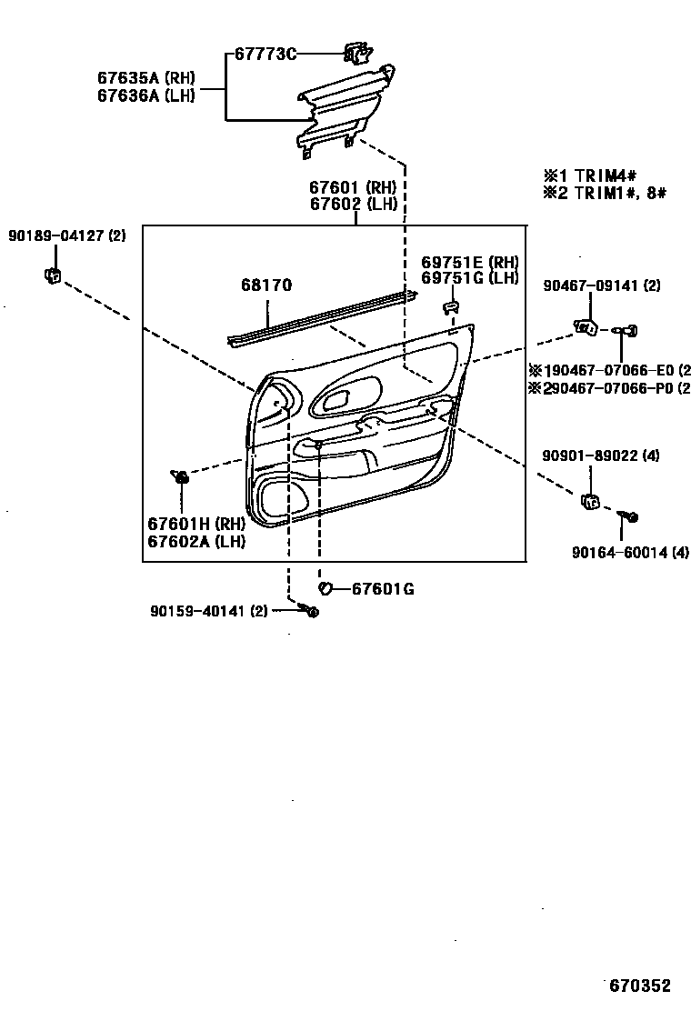 Toyota COROLLA 前门板和前门玻璃 EPC diagram — 670352