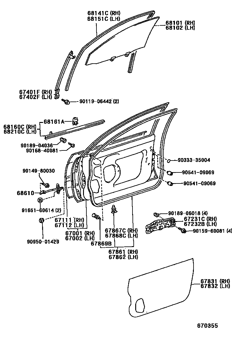 Toyota COROLLA 前门板和前门玻璃 EPC diagram — 670355
