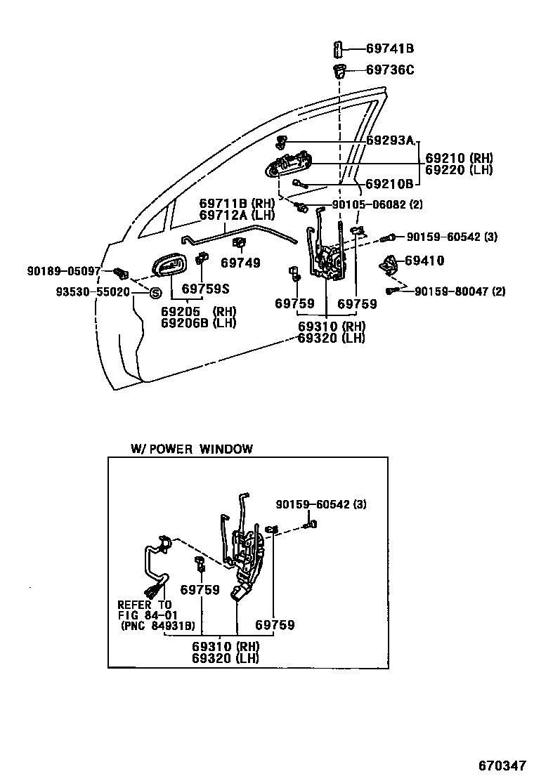 Toyota COROLLA 前门锁和车门把手 EPC diagram — 670347