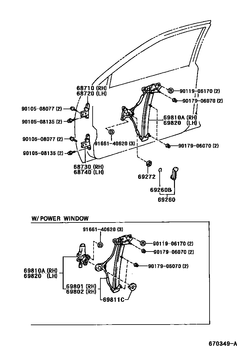 Toyota COROLLA 前门车窗升降器和合页 EPC diagram — 670349A