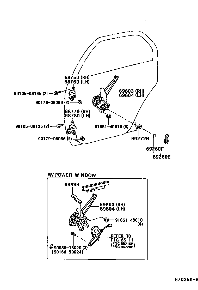 Toyota COROLLA 后门车窗升降器和合页 EPC diagram — 670350A
