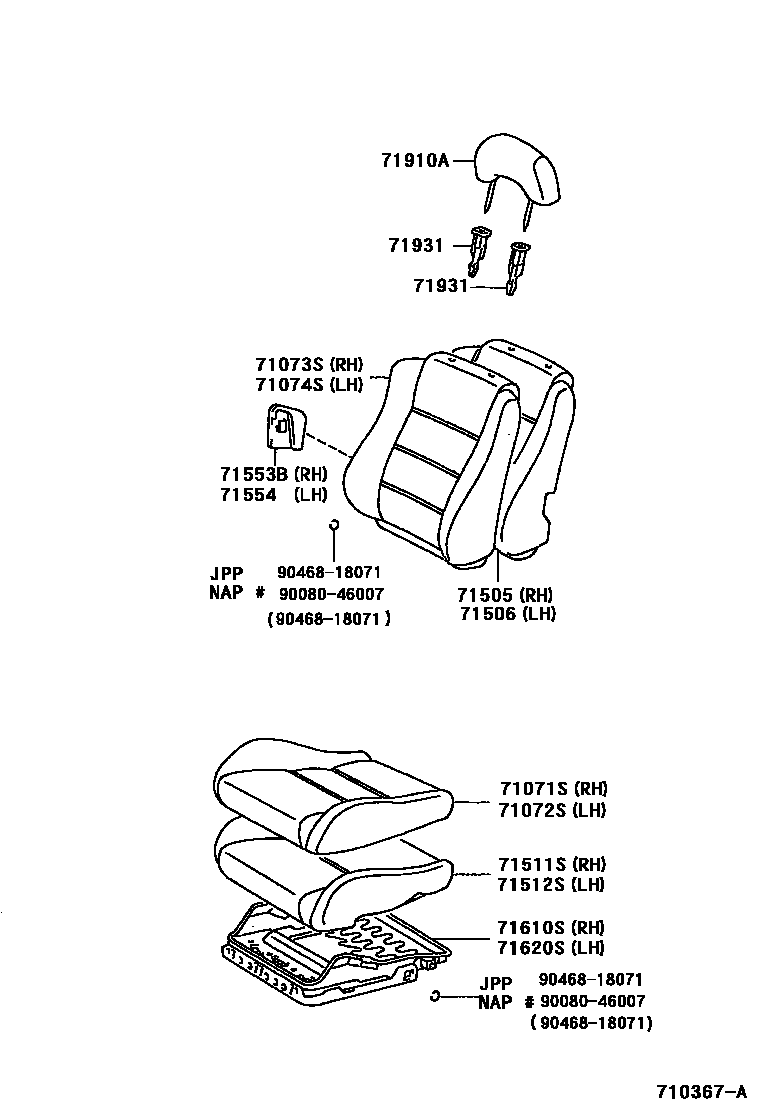 Toyota COROLLA 前排座椅和座椅滑轨 EPC diagram — 710367A