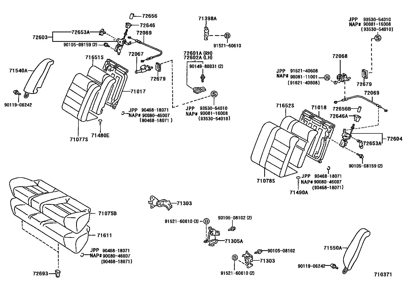 Toyota COROLLA 后排座椅和座椅滑轨 EPC diagram — 710371