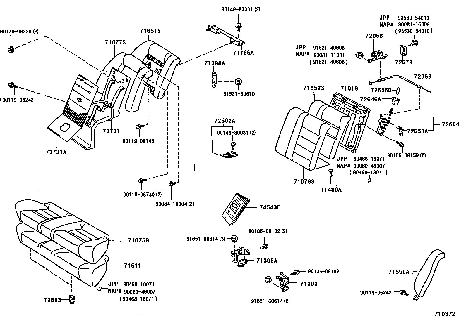 Toyota COROLLA 后排座椅和座椅滑轨 EPC diagram — 710372