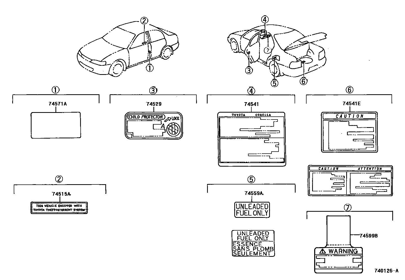 Toyota COROLLA 警示铭牌(车外和车内) EPC diagram — 740126A