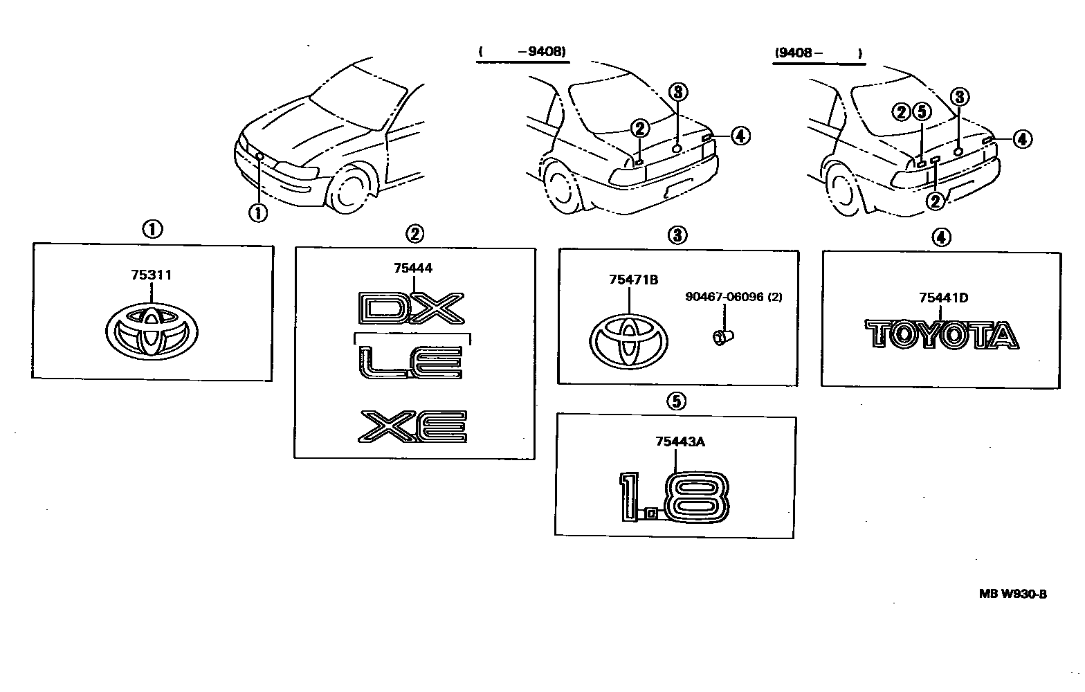 Toyota COROLLA 丰田徽标和铭牌(车外和车内) EPC diagram — MBW930B