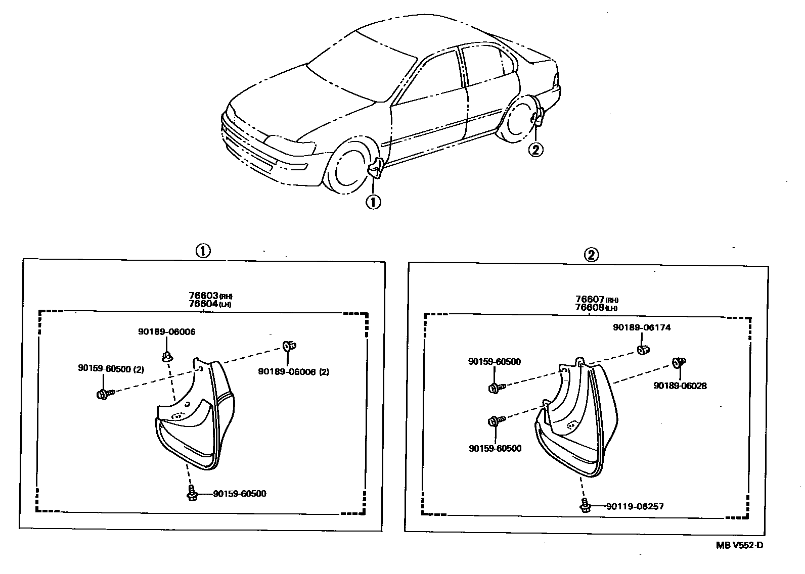 Toyota COROLLA 挡泥板和扰流板 EPC diagram — MBV552D