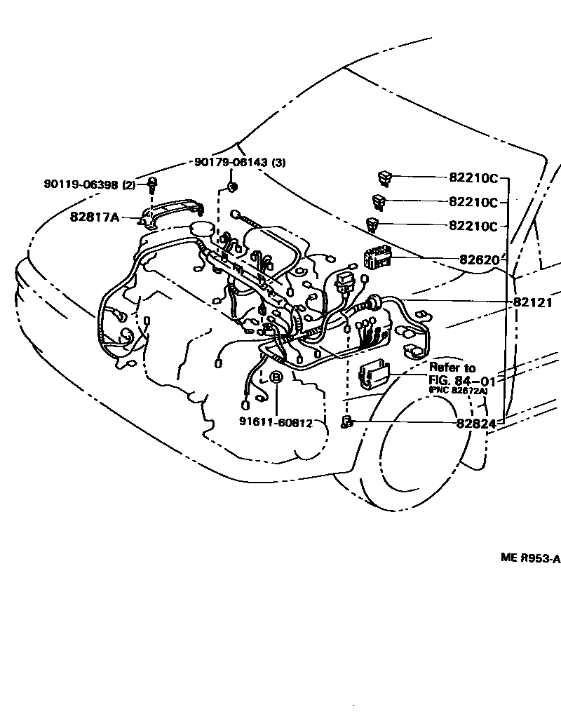 Toyota COROLLA 线束和卡夹 EPC diagram — MER953A