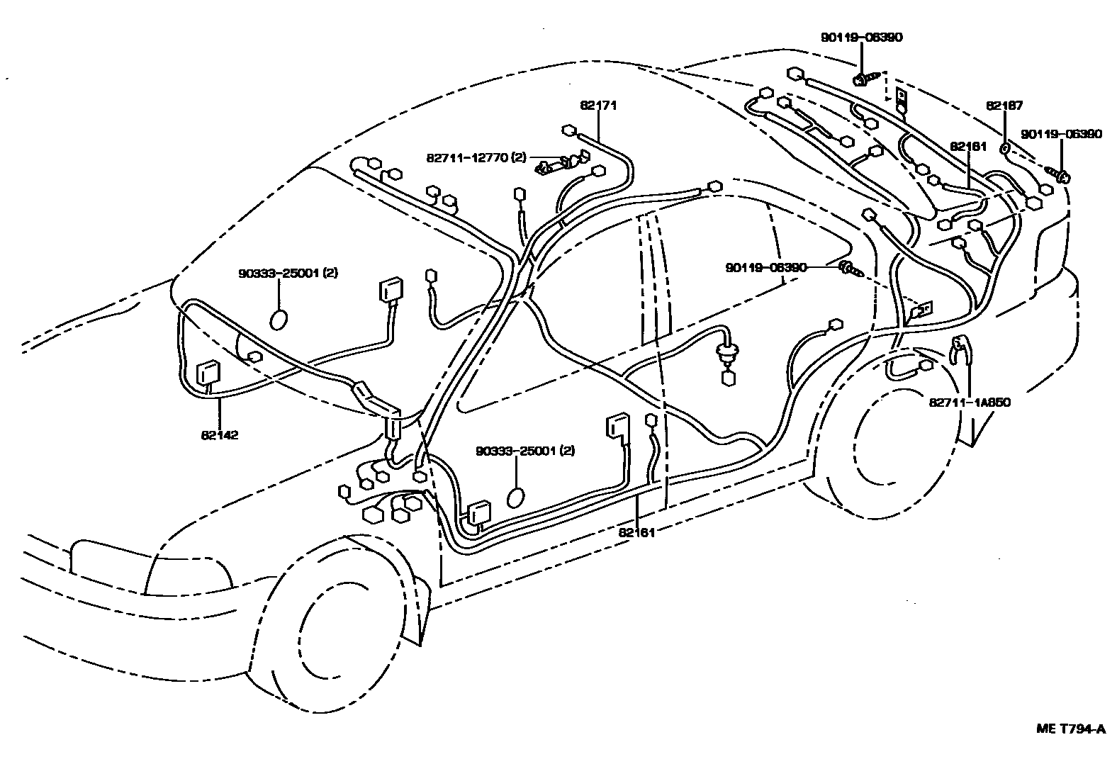 Toyota COROLLA 线束和卡夹 EPC diagram — MET794A