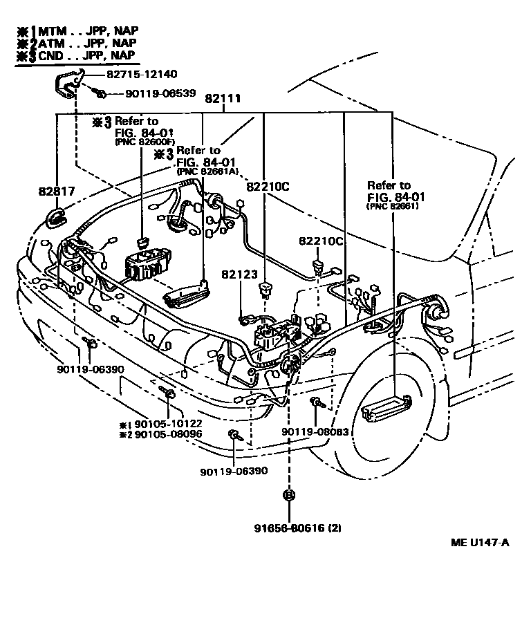 Toyota COROLLA 线束和卡夹 EPC diagram — MEU147A
