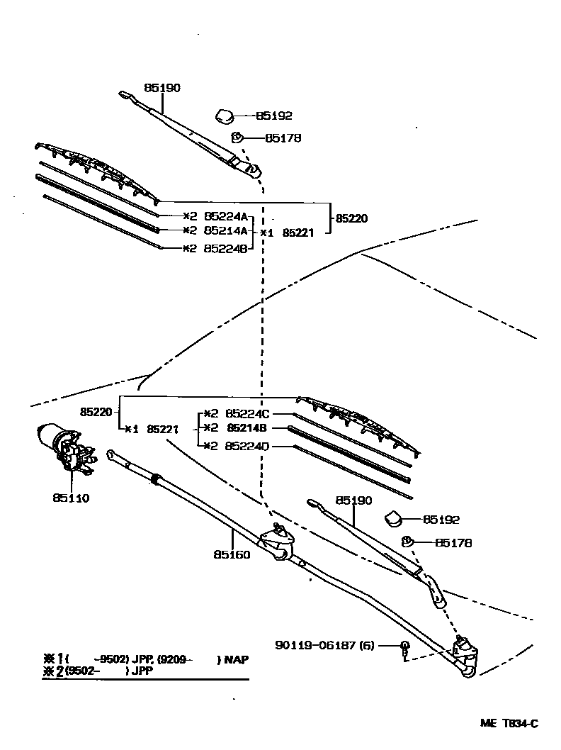 Toyota COROLLA 挡风玻璃刮水器 EPC diagram — MET834C