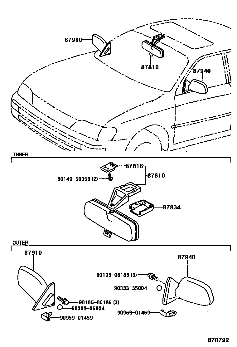 Toyota COROLLA 后视镜 EPC diagram — 870792
