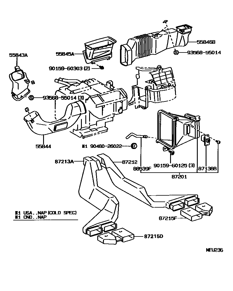 Toyota COROLLA 暖风和空调系统 - 控制器和风管 EPC diagram — MEU236