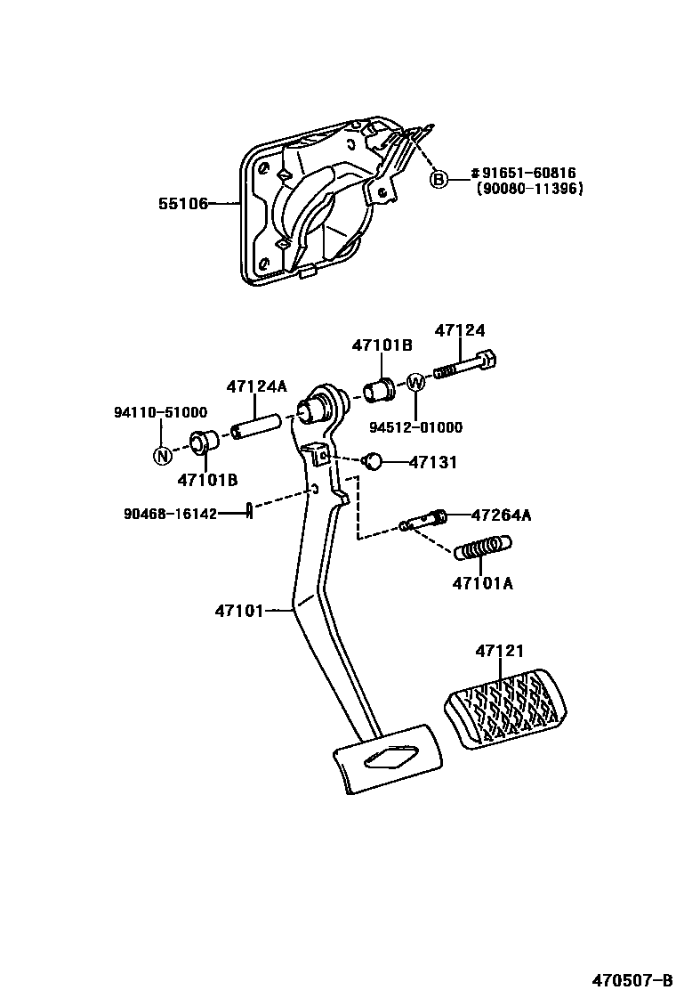 Toyota COROLLA Brake Pedal & Bracket EPC diagram — 470507B