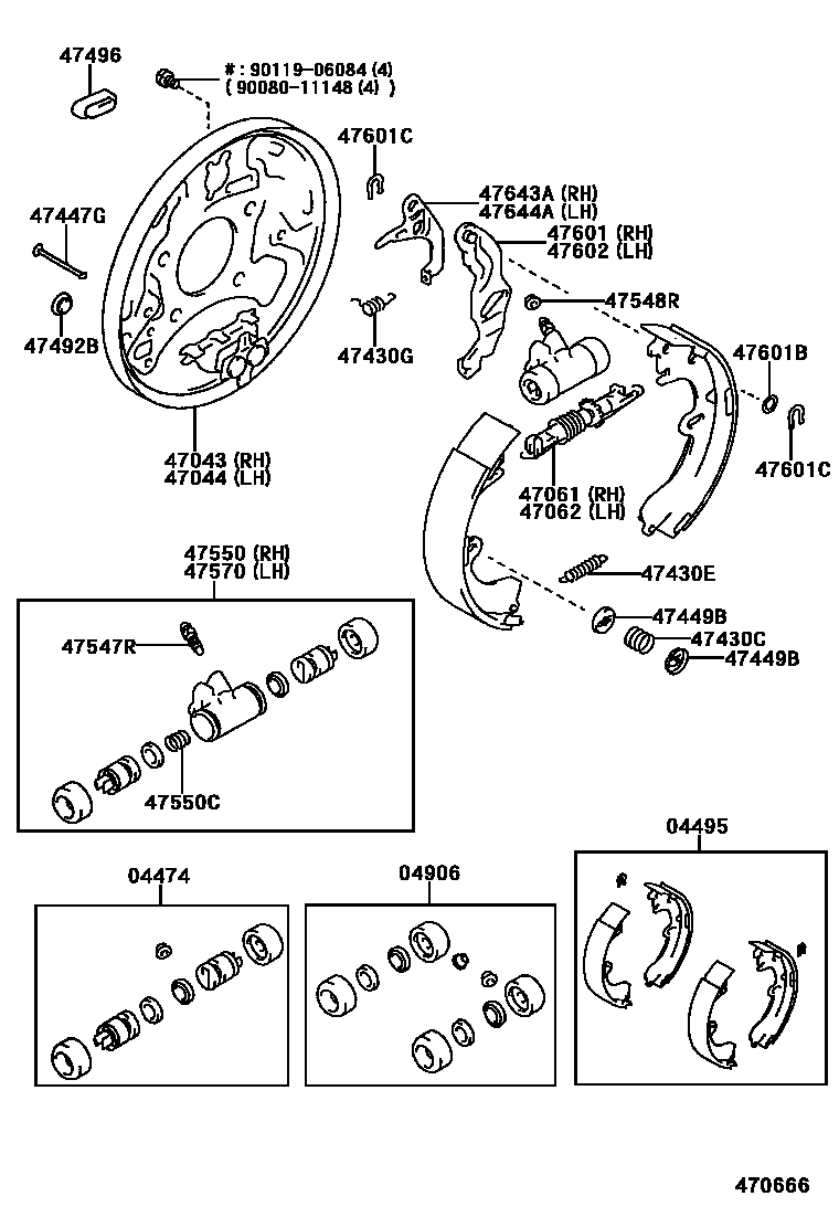 Toyota COROLLA 后鼓式制动器分泵和底板 EPC diagram — 470666