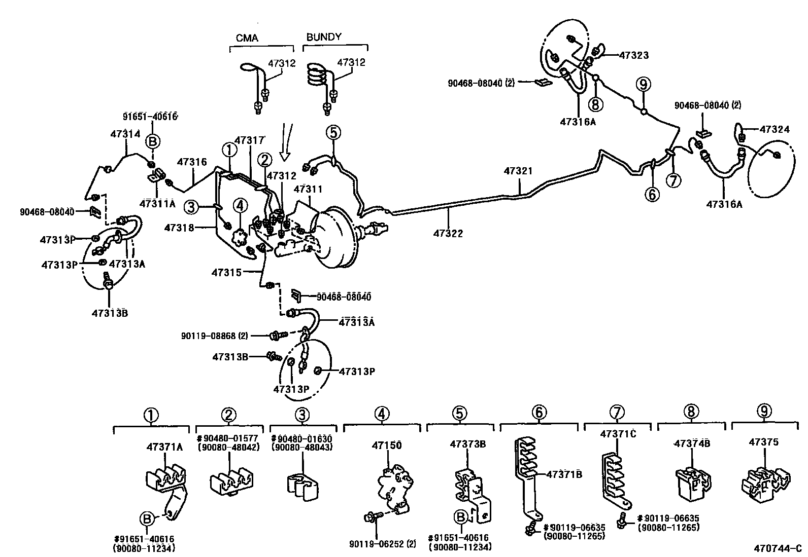 Toyota COROLLA 制动配管和卡箍 EPC diagram — 470744C