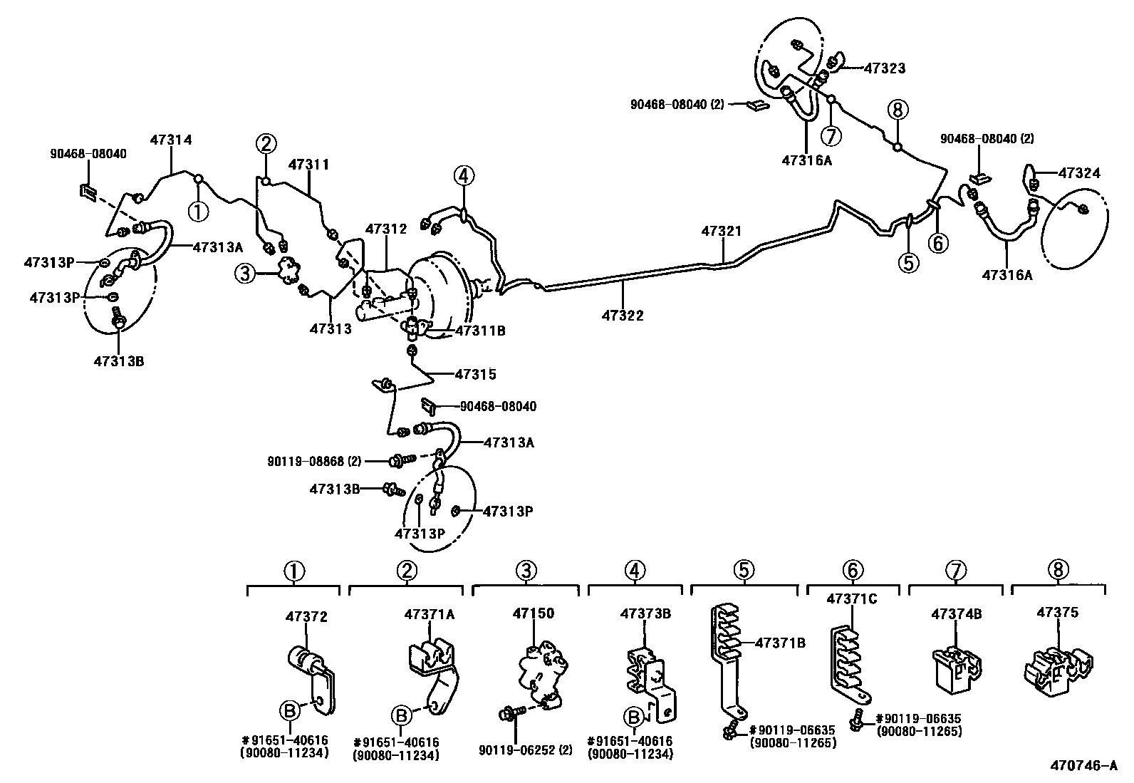 Toyota COROLLA 制动配管和卡箍 EPC diagram — 470746A