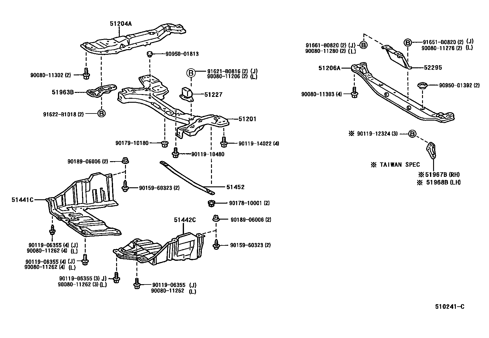 Toyota COROLLA 悬架横梁和发动机底罩 EPC diagram — 510241C