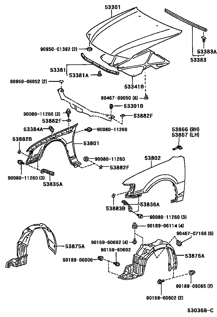 Toyota COROLLA 发动机盖和前翼子板 EPC diagram — 530368C