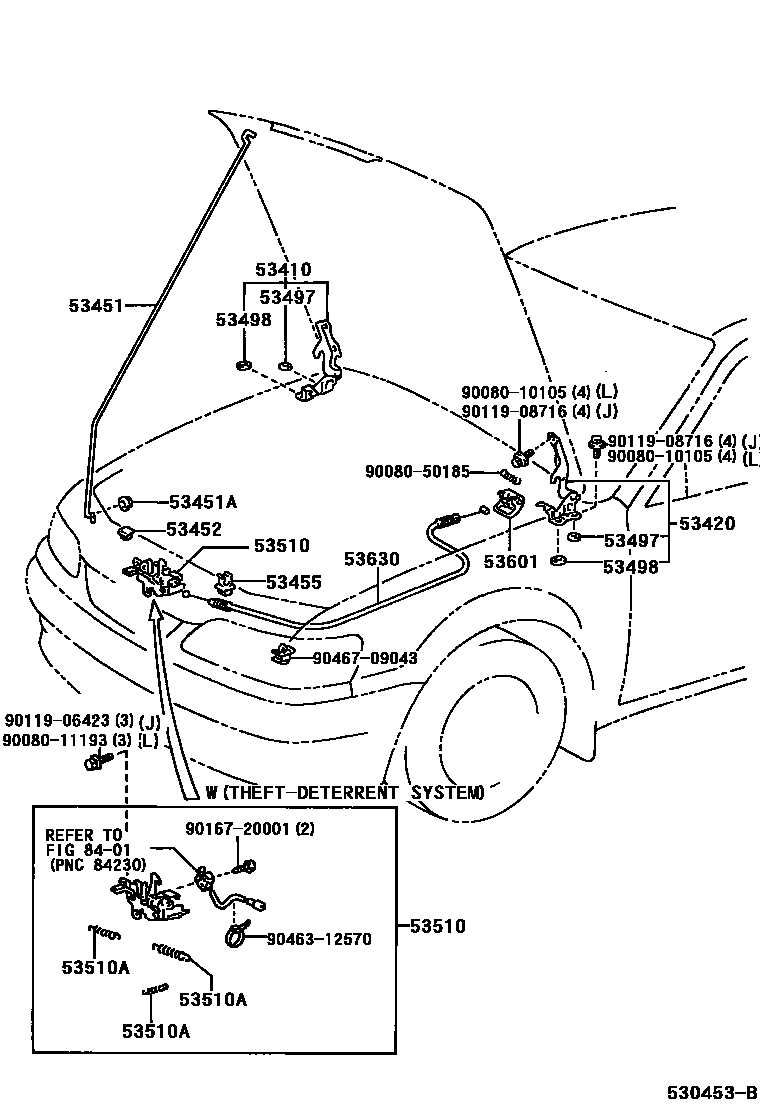 Toyota COROLLA 发动机盖锁和铰链 EPC diagram — 530453B