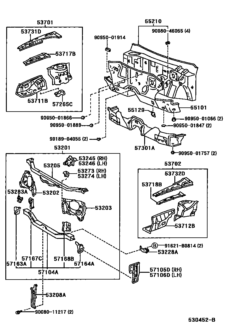 Toyota COROLLA 前翼子板挡泥板和前围板 EPC diagram — 530452B