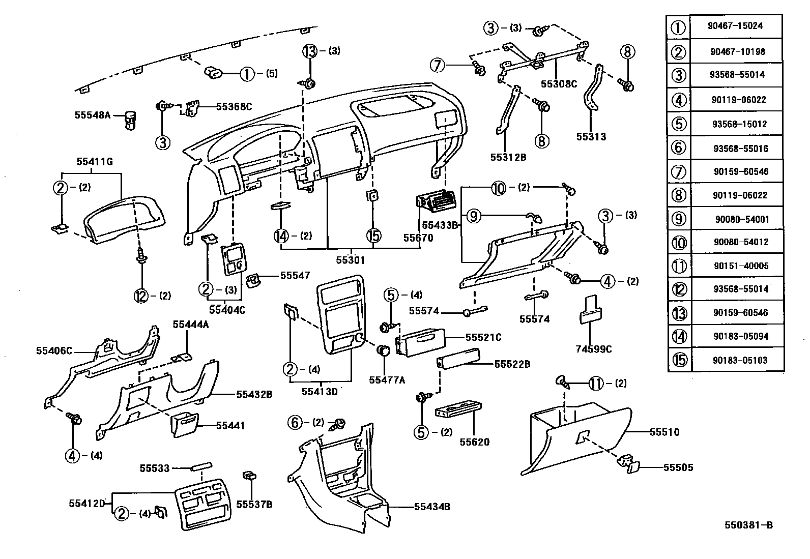 Toyota COROLLA 仪表板和手套箱 EPC diagram — 550381B
