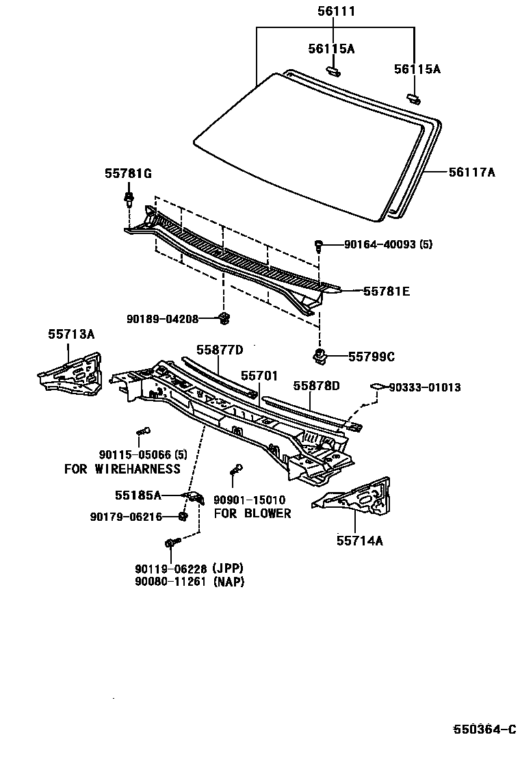 Toyota COROLLA 前围板和挡风玻璃 EPC diagram — 550364C