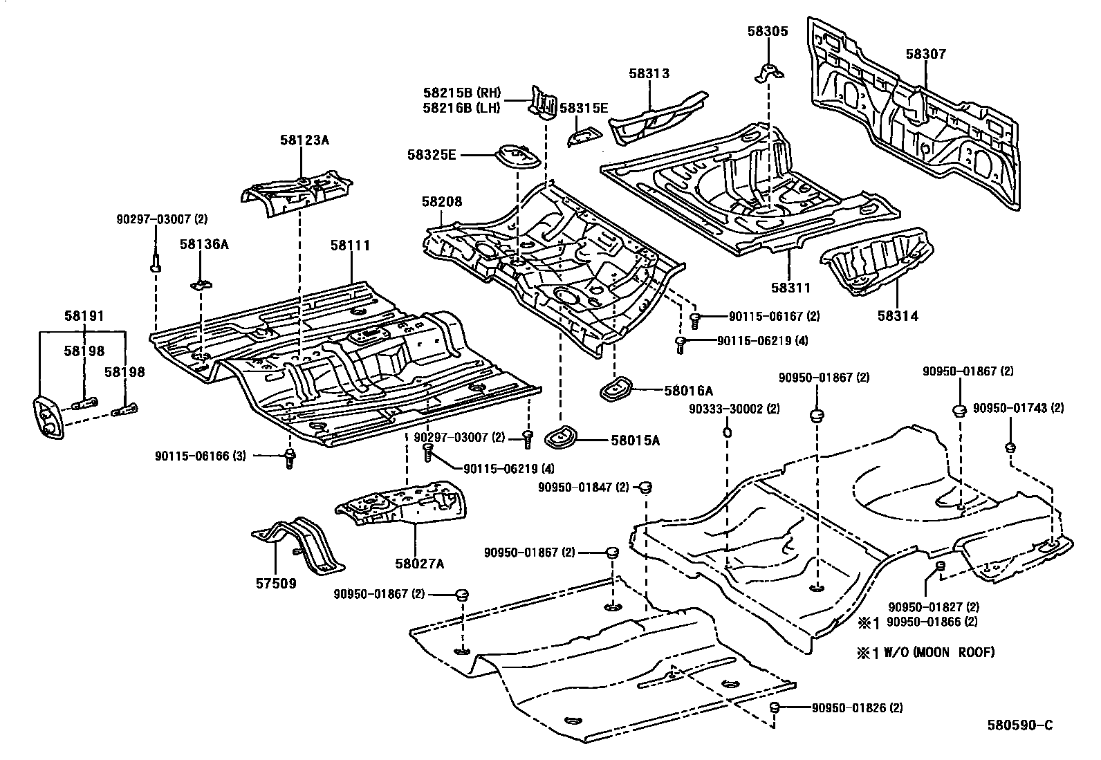 Toyota COROLLA 浅盘形地板和车身下背板 EPC diagram — 580590C