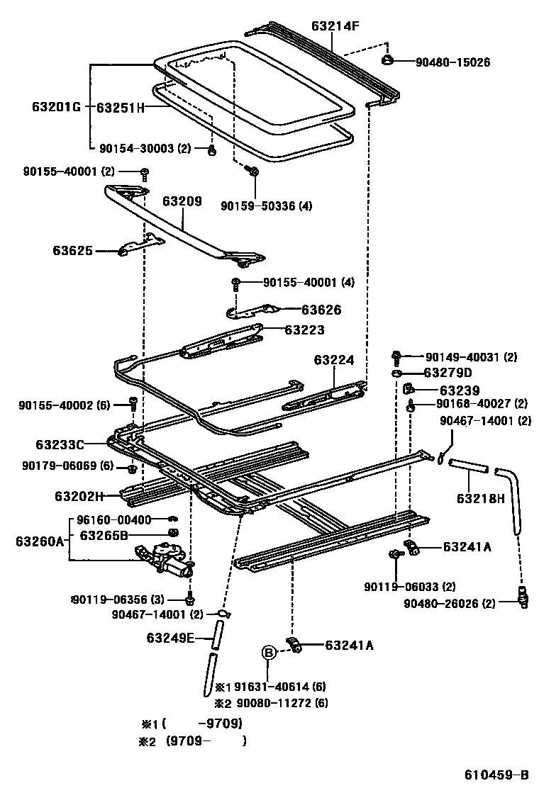 Toyota COROLLA 天窗板和背窗玻璃 EPC diagram — 610459B