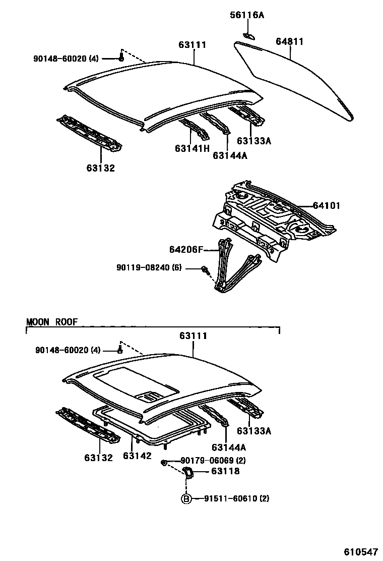 Toyota COROLLA 天窗板和背窗玻璃 EPC diagram — 610547