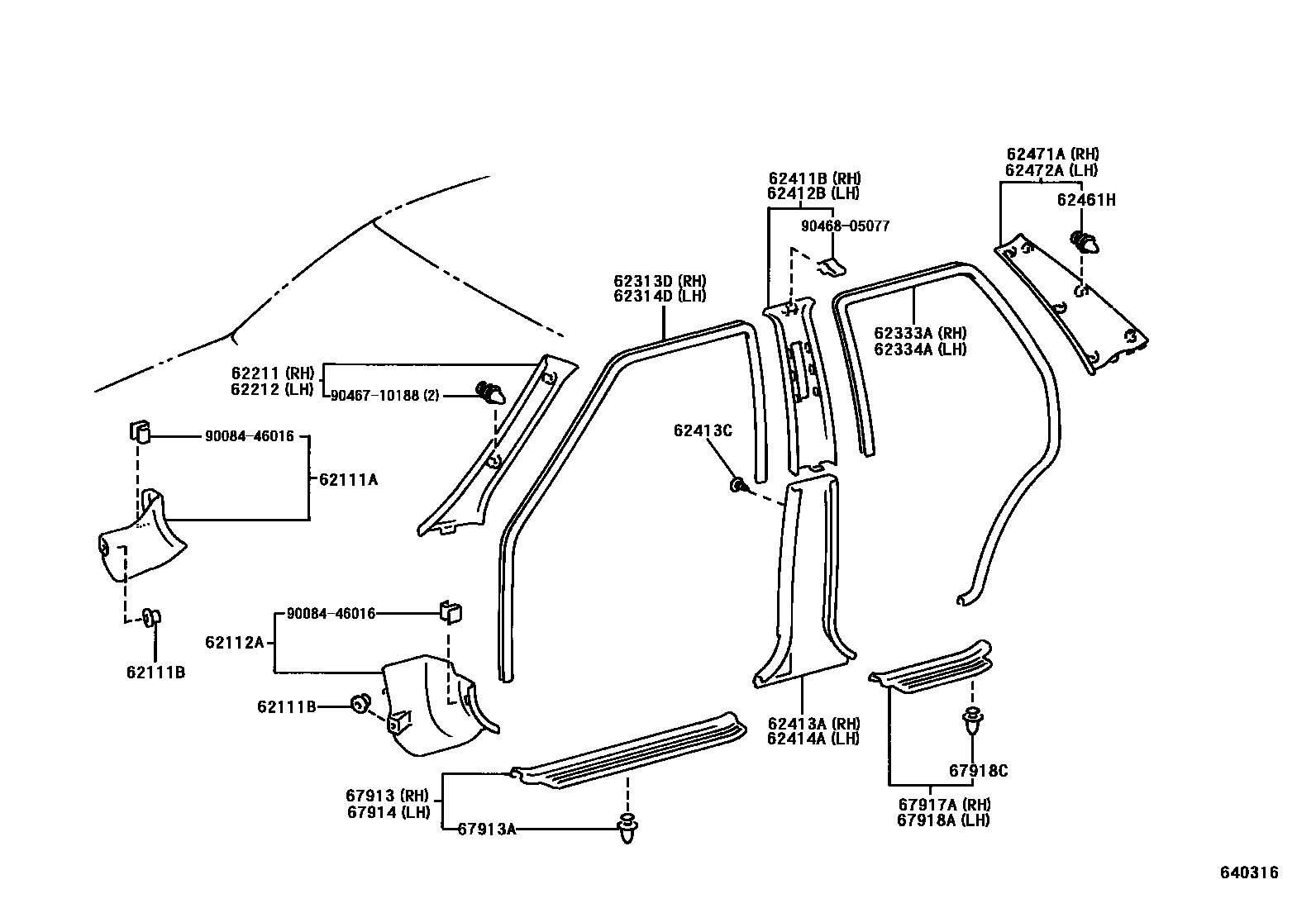 Toyota COROLLA 内饰板和车门防水胶条 EPC diagram — 640316