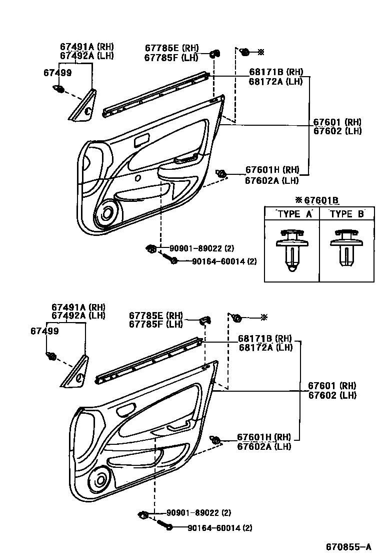 Toyota COROLLA 前门板和前门玻璃 EPC diagram — 670855A